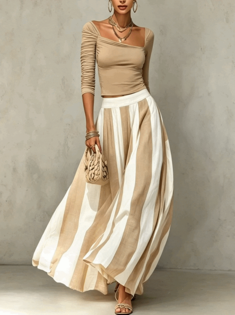 Beige And White Ruched Top And Striped Maxi Skirt Set