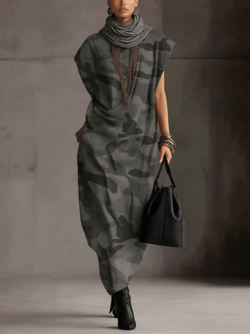 Gray Camo Sleeveless Turtleneck Maxi Dress
