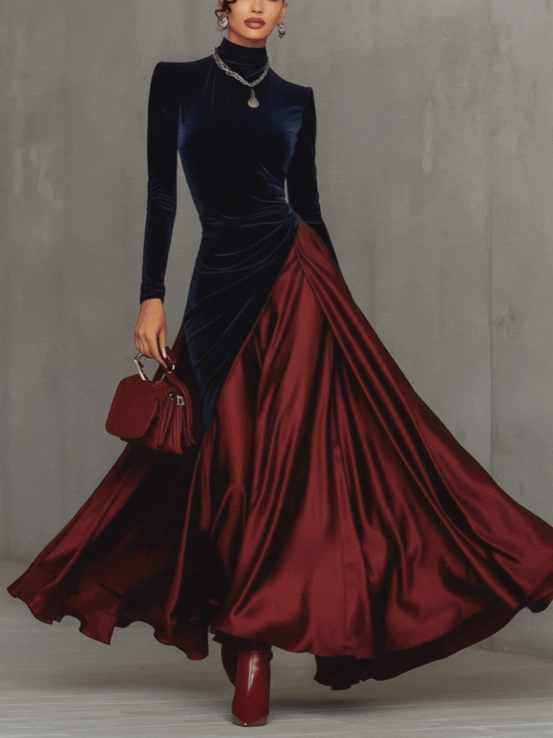 Blue Velvet And Burgundy Satin Color Block  Long Dress