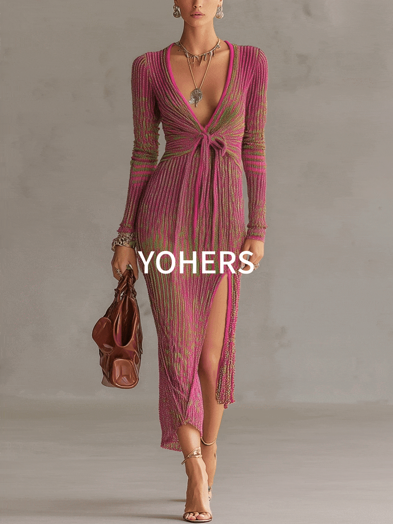 Fuchsia Green Knit Tie-Front Deep V-Neck Bodycon Dress