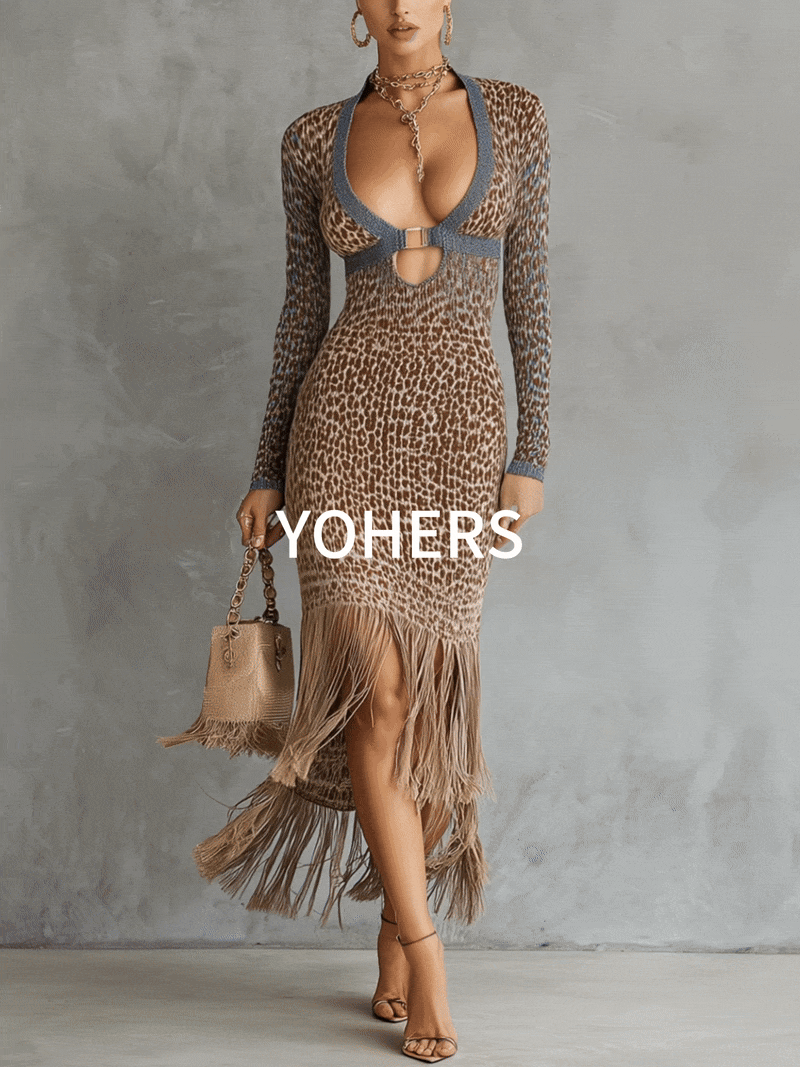 Brown Leopard Print Knitted Cutout Fringe  Bodycon Dress