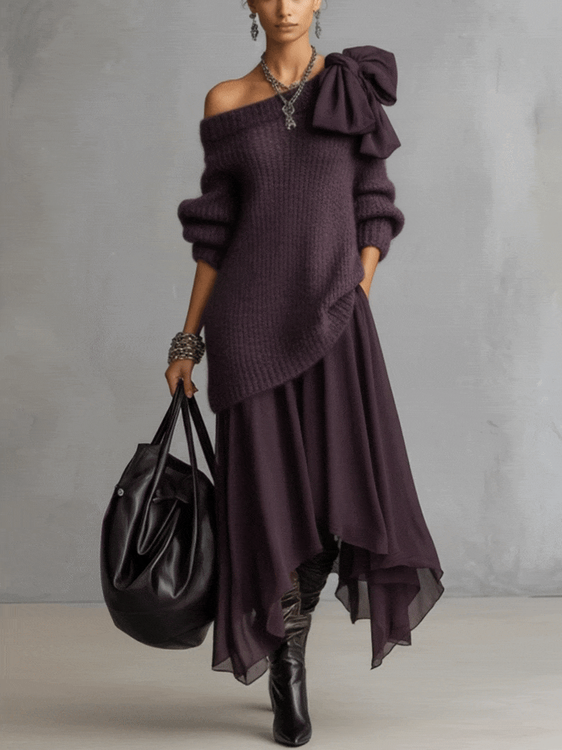 Dark Purple Knit Sweater And Chiffon Maxi Skirt Set
