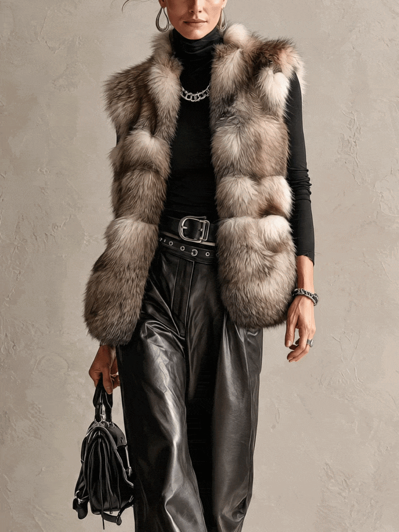 Brown Silver-Tipped Faux Fur Longline Puffer Vest