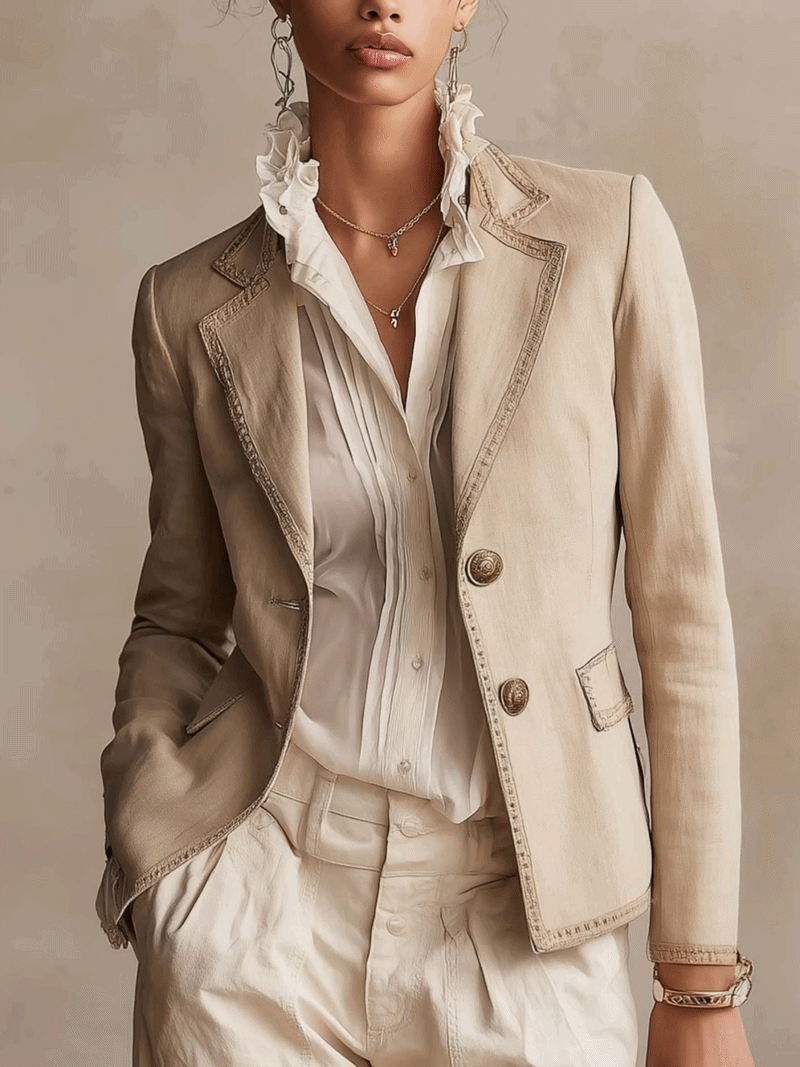 Beige Tailored Blazer With Vintage Trim And Embossed Button Detail
