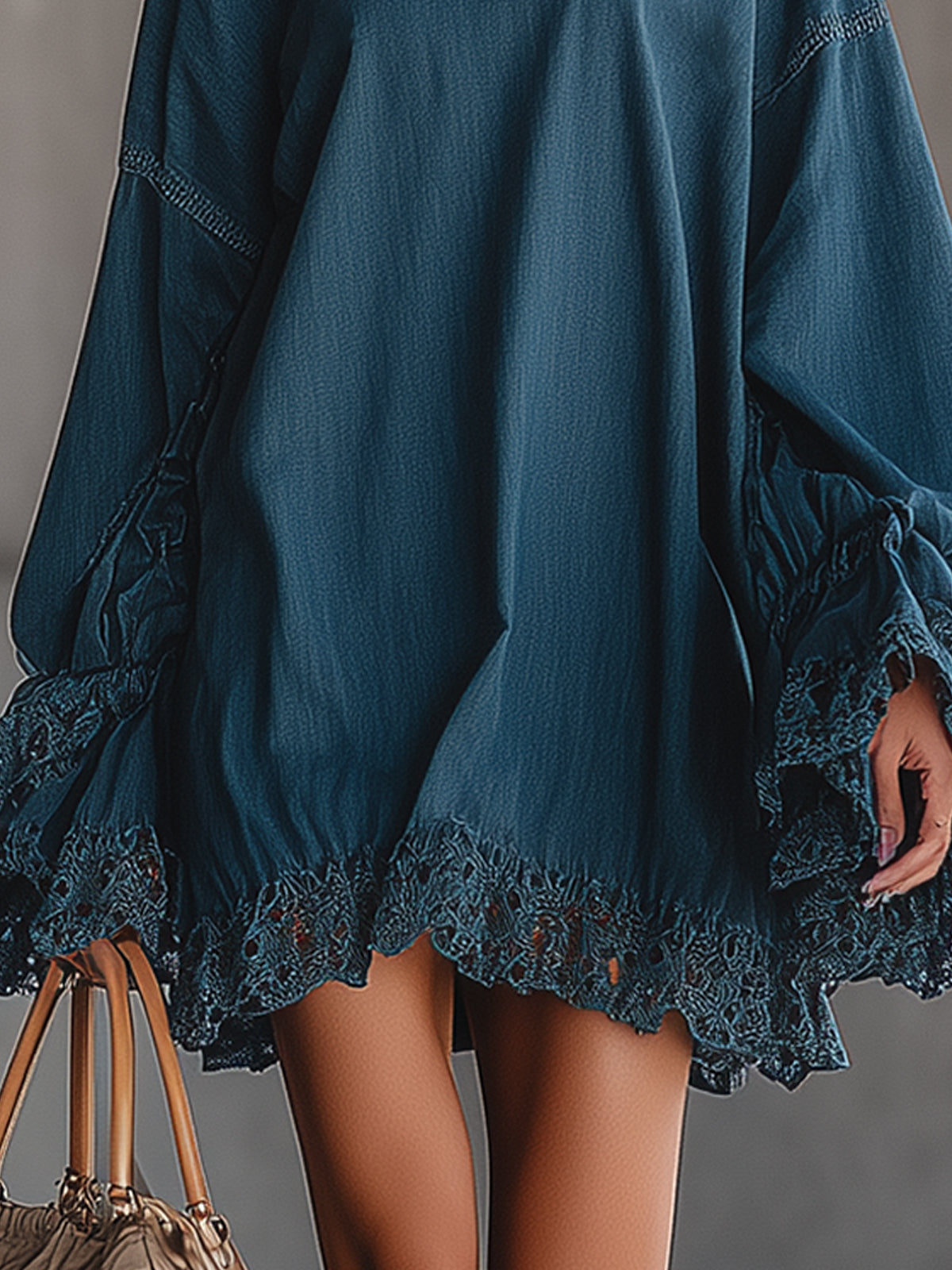 Blue Lace Trim Balloon Sleeve Denim Mini Dress