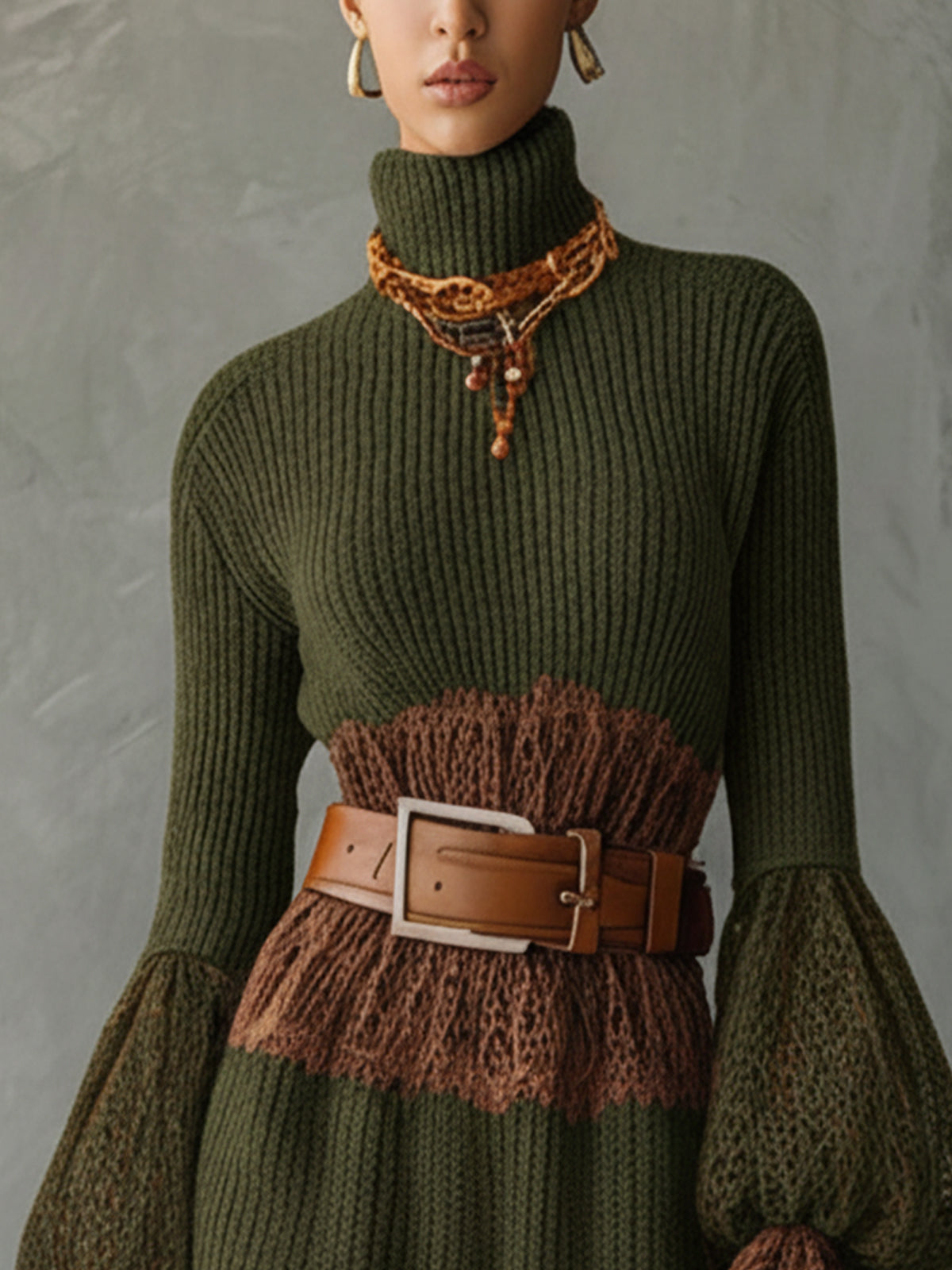 Green Knit Mini Dress With Brown Lace Contrast And Belted Waist
