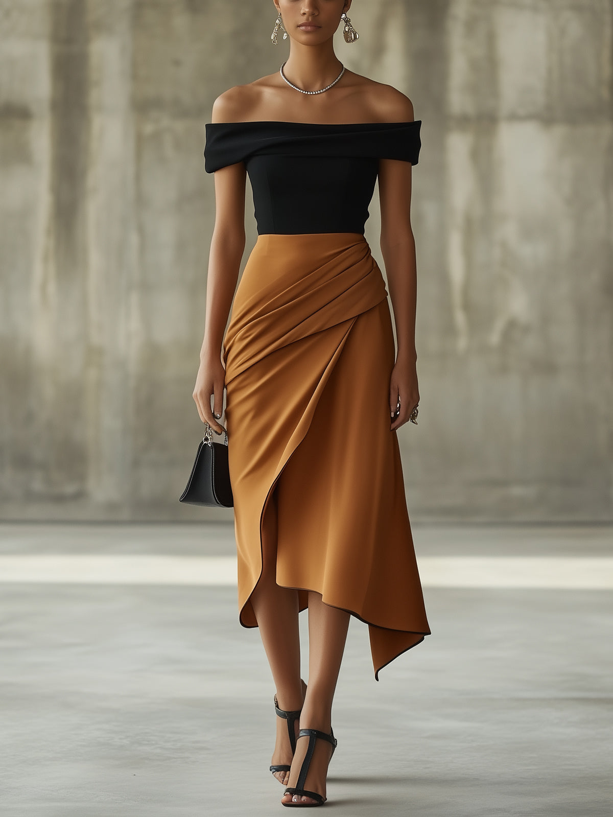 Black And Camel Satin Draped Detail Off-Shoulder Short Sleeve Midi Dress