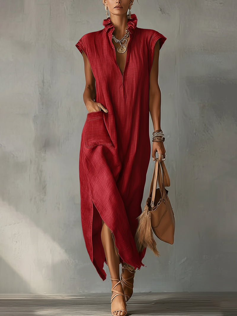 Red Ruffled Collar Linen Maxi Dress With Asymmetric Hem