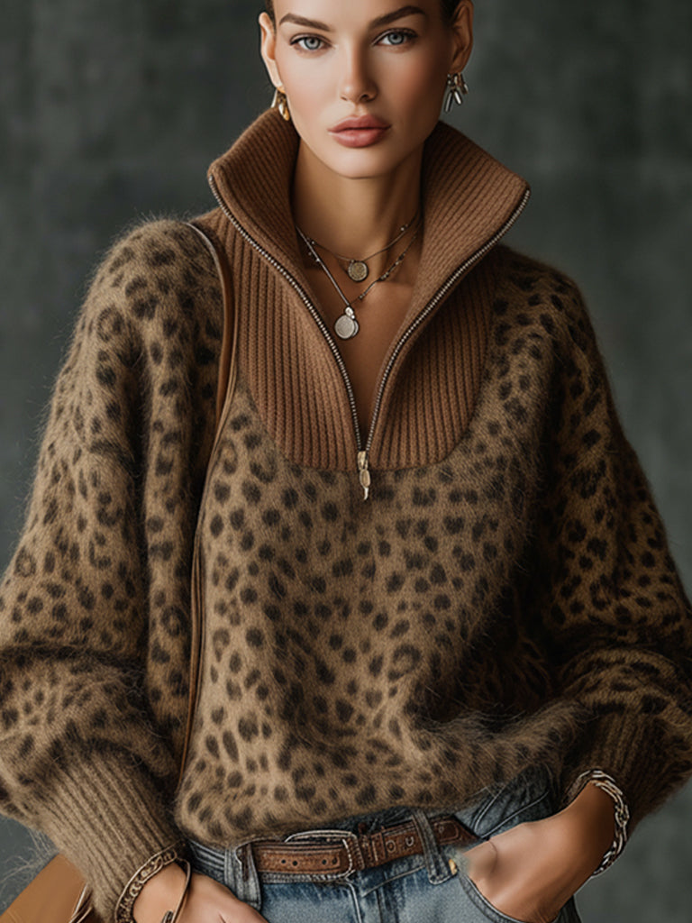 Brown Leopard Print Mohair Zip  Neck Sweater