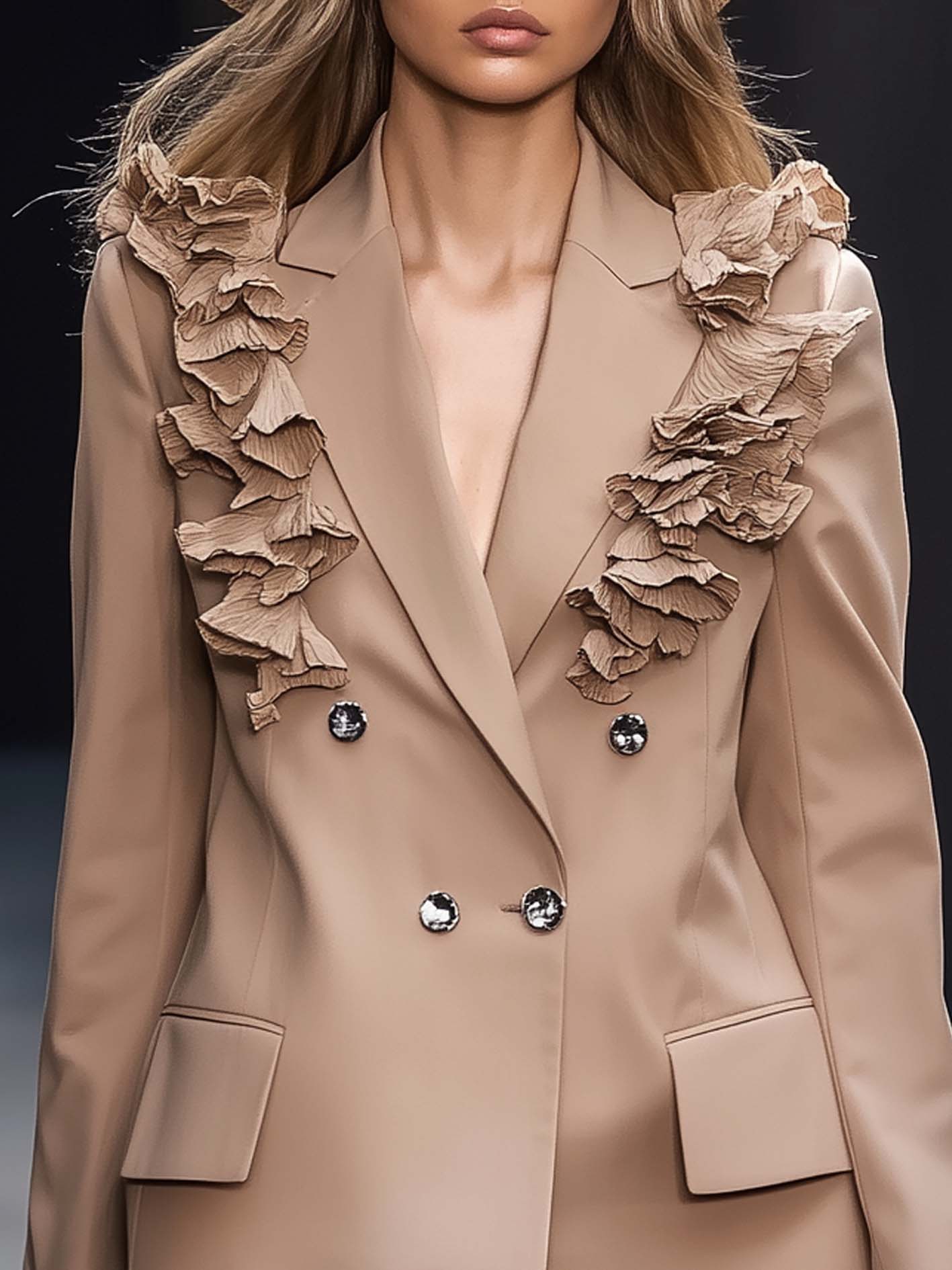 Stylish Light Brown Blazer With Ruffled Lapel