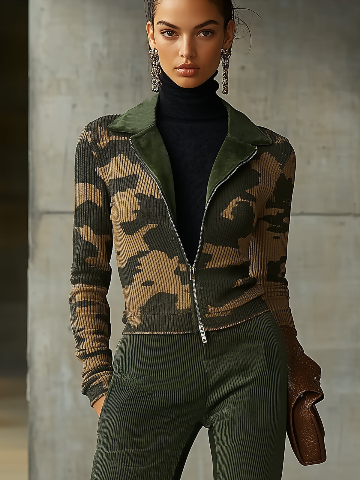 Camouflage Ribbed Jacket With Suede Lapels