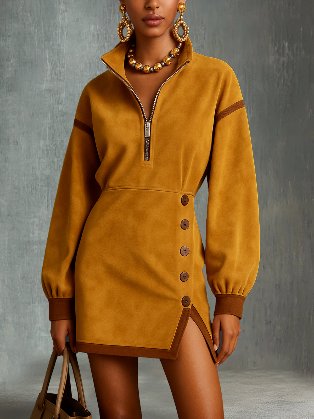 Yellow Faux Suede High-Neck Button Detail Mini Dress