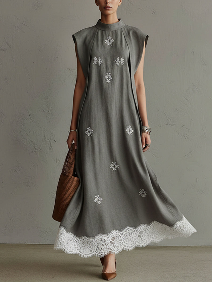 Gray Cotton Linen Blend Sleeveless Embroidered Lace Maxi Dress