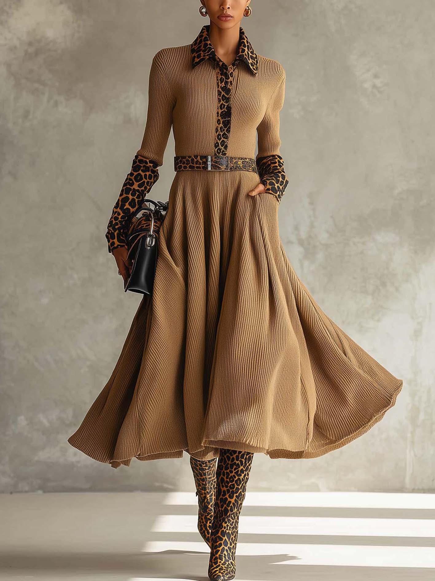 Beige Knit Midi Dress With Leopard Print Patchwork And Belt