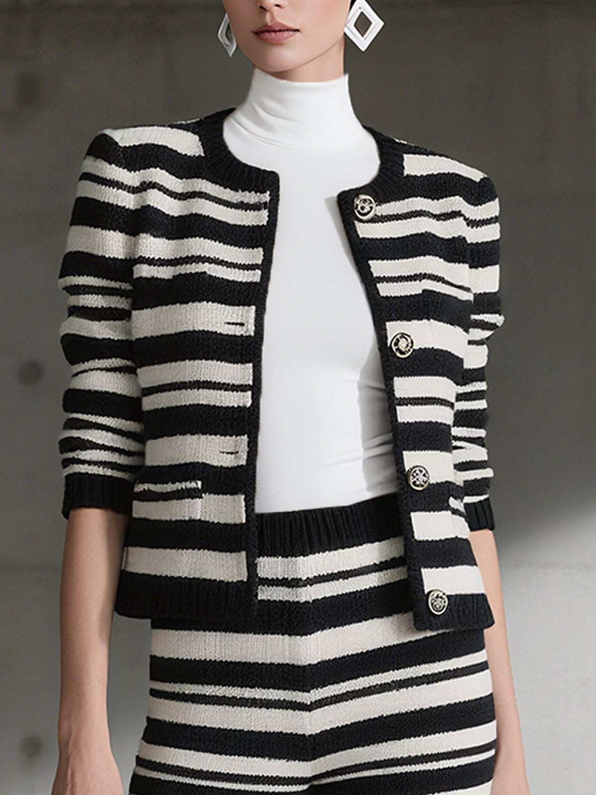 Striped Knit Jacket And Wide Leg Pants Set