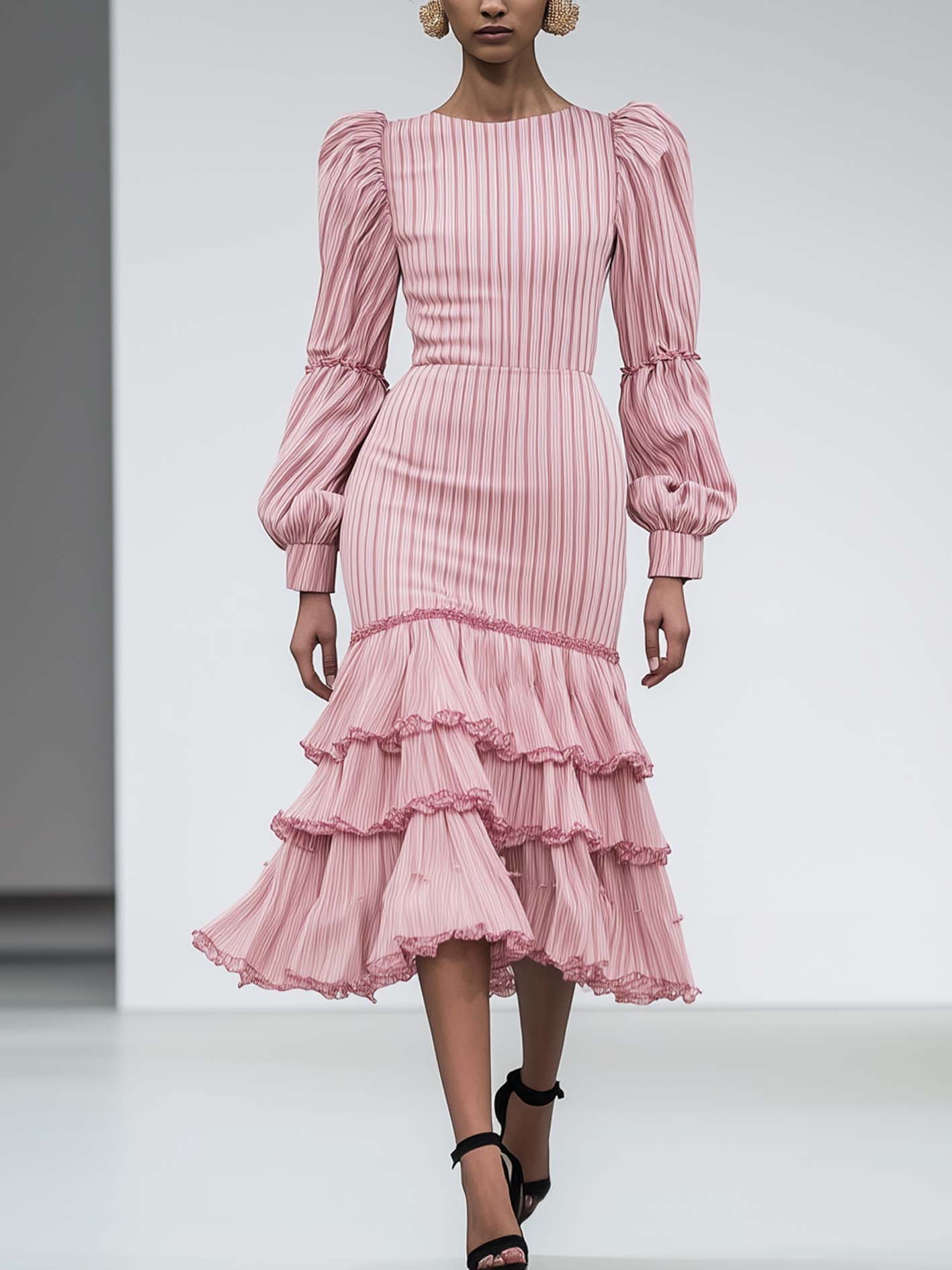 Pink Striped Midi Dress With Ruffles