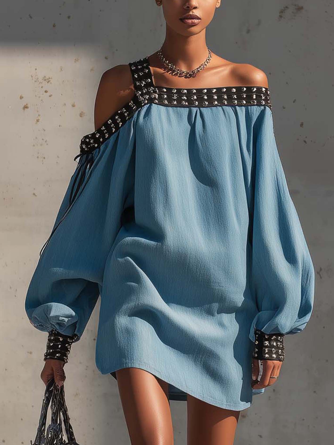 Blue Studded Strap Off Shoulder Loose Mini Dress