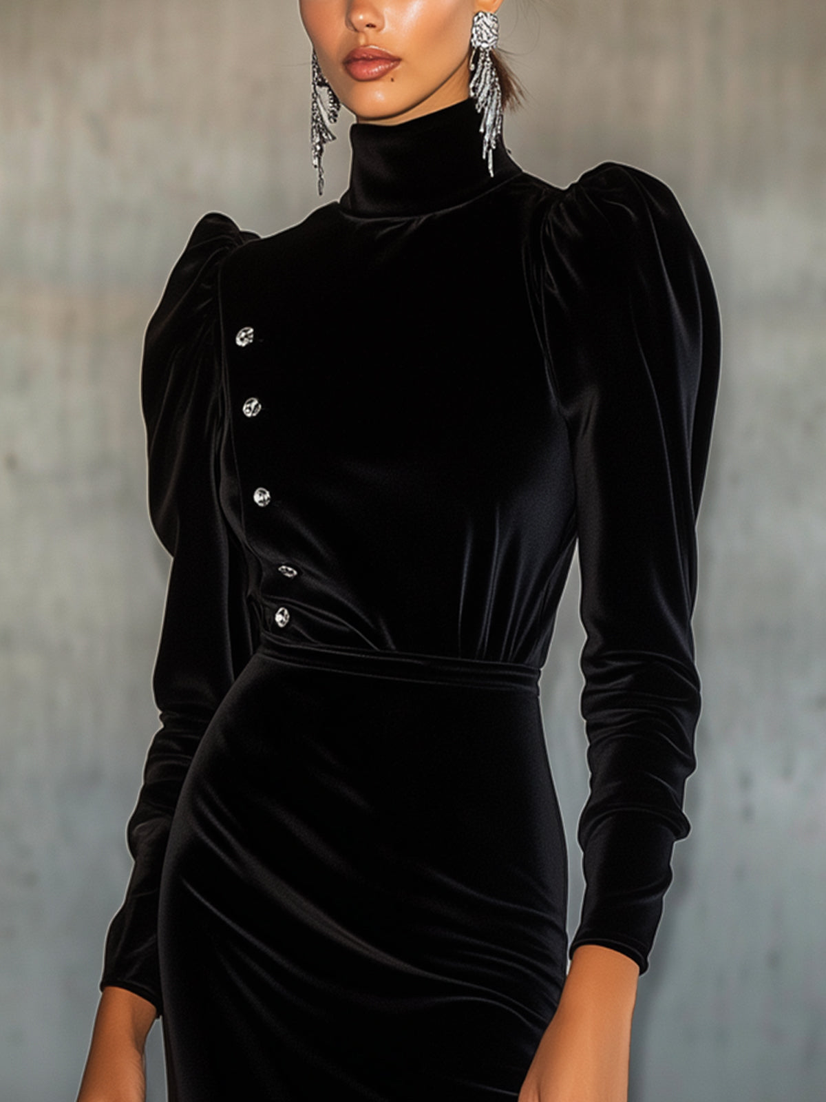 Black Velvet High-neck Hip Dress With Silver Button Decoration