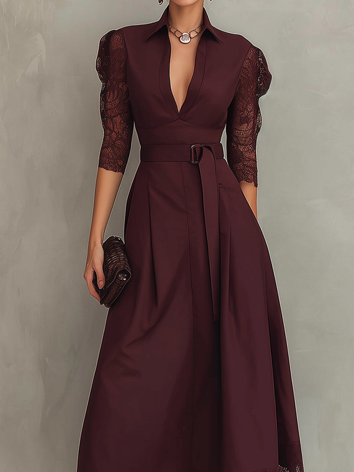 Burgundy Lace Sleeve Belted V-Neck Maxi Dress