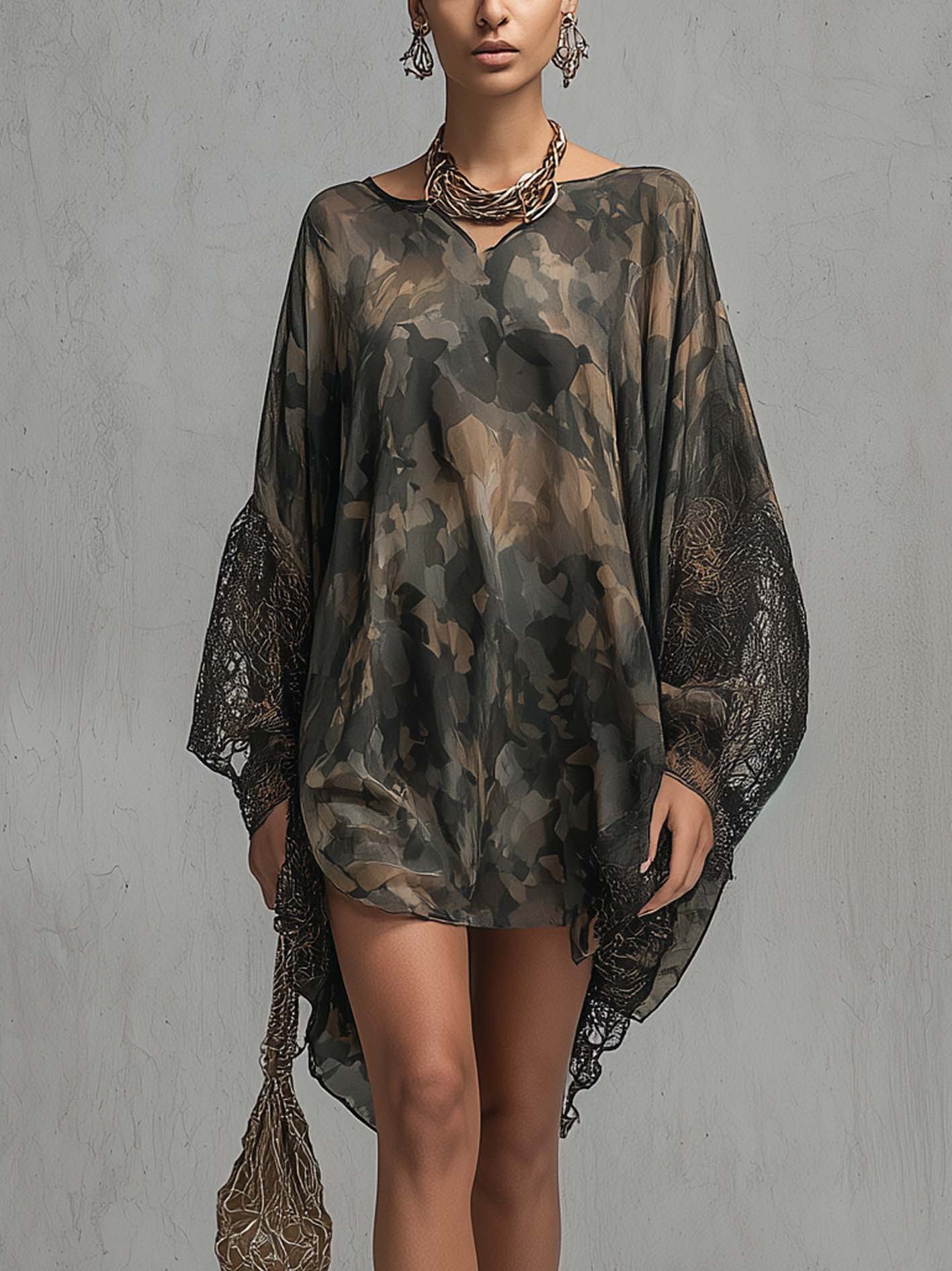 Dark Camo Chiffon Mini Dress With Lace Cuff Sleeves