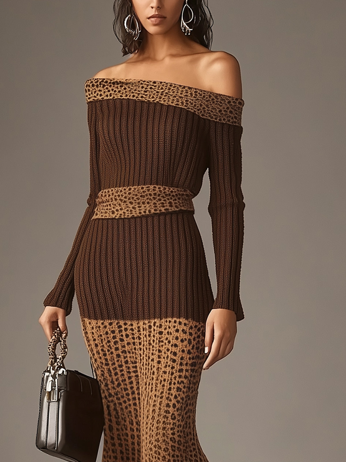 Off Shoulder Leopard Print Ribbed Knit Dress