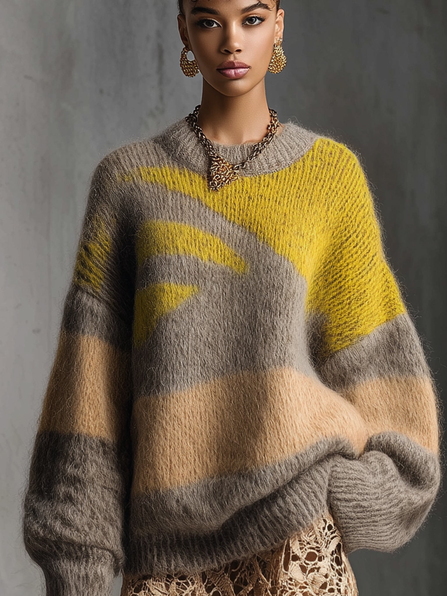 Gray And Yellow Soft Mohair Color Blocked Lace Trimmed Long Sleeve Mini Dress