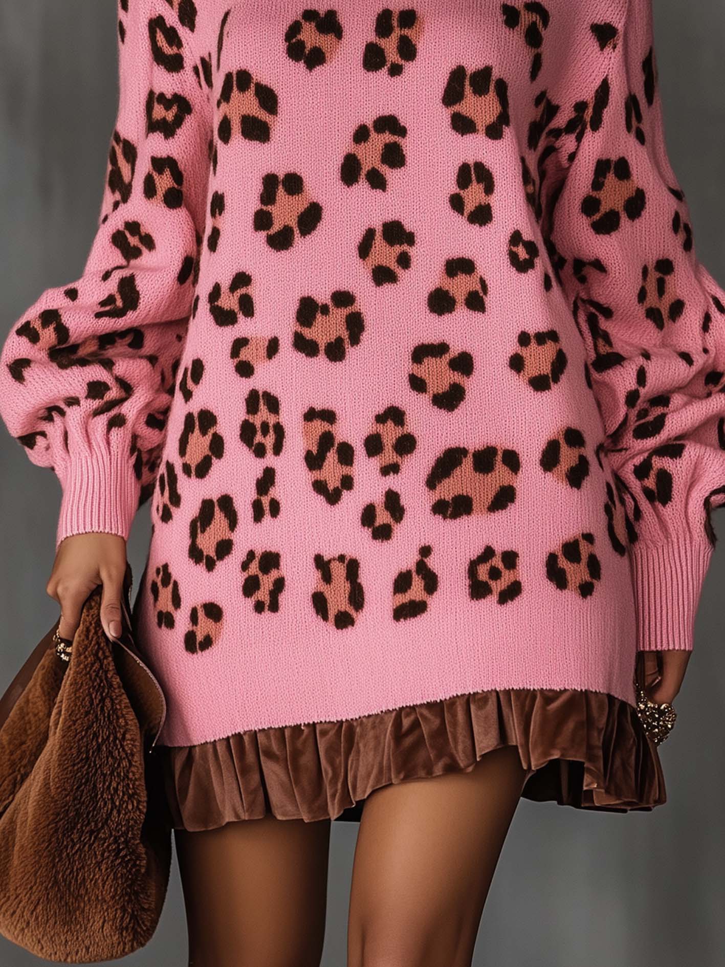 Pink Loose Knit Mini Dress With Velvet Ruffle And Leopard Print
