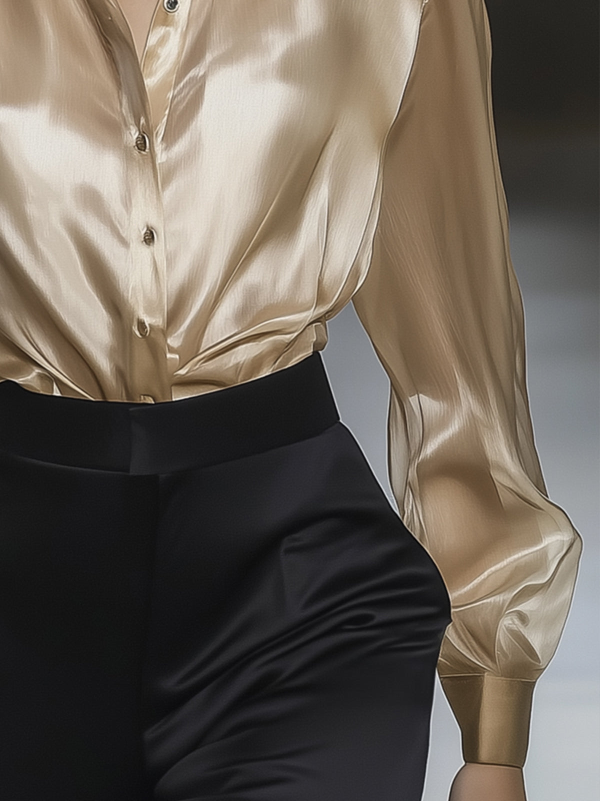Champagne Satin Blouse With Volume Sleeves