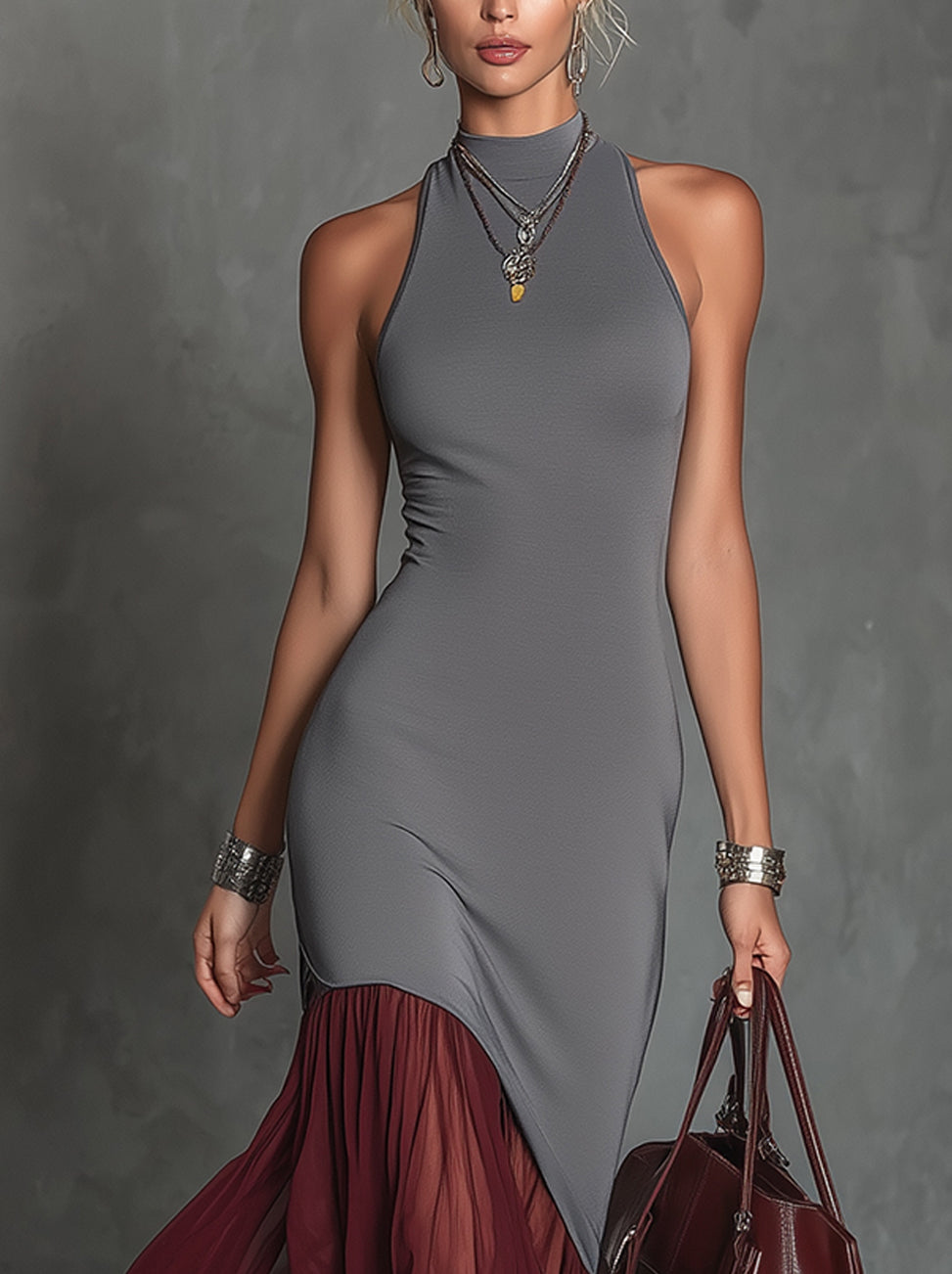 Gray And Burgundy Halter Maxi Dress With Pleated Chiffon Hem