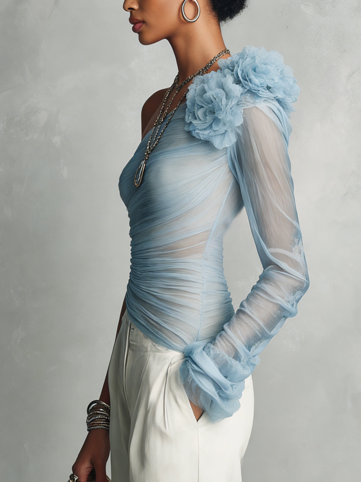 Light Blue One-Shoulder Floral Appliqué Mesh Top