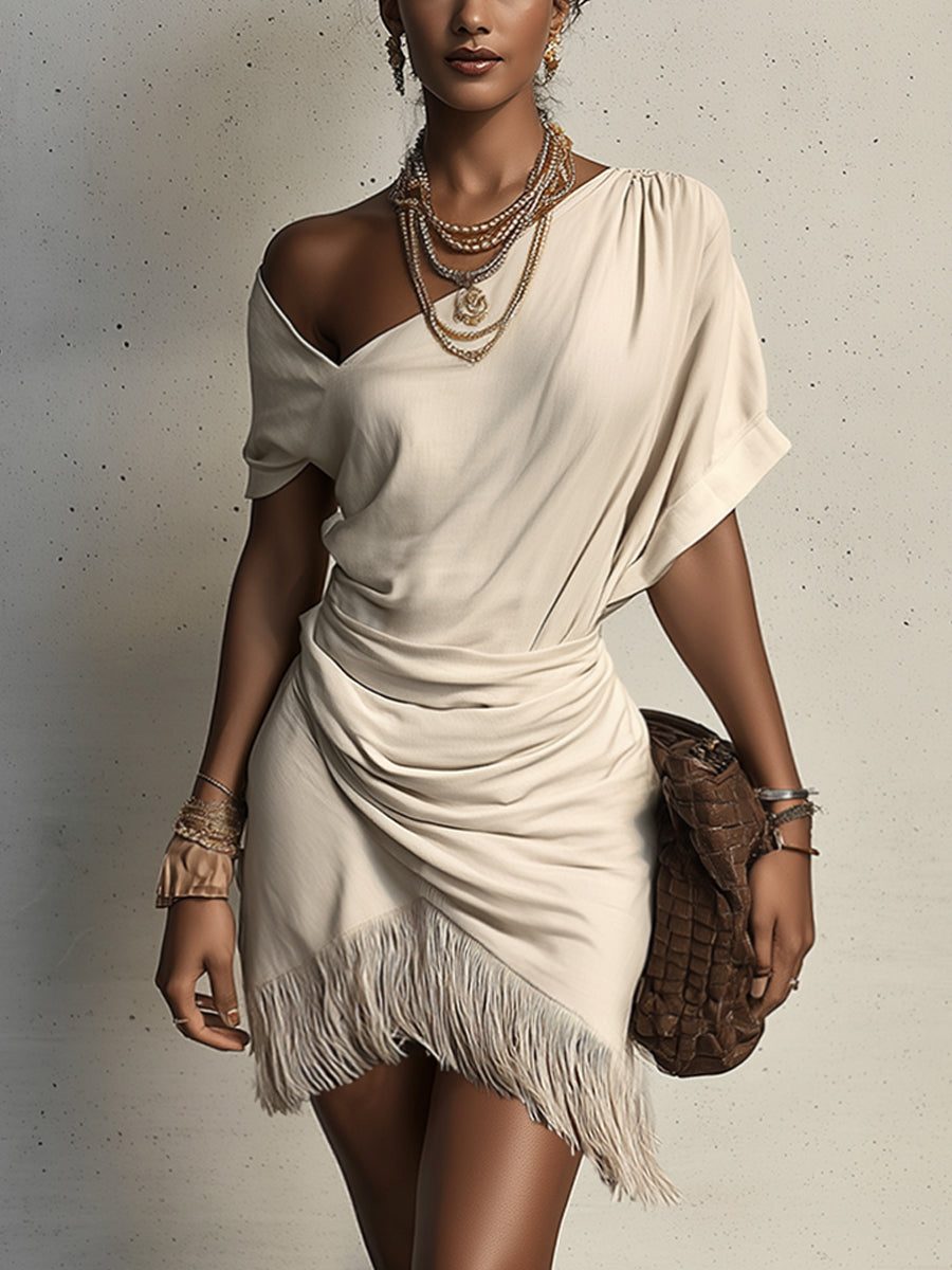 Ivory Linen Blend Short Sleeve Tassel Mini Dress