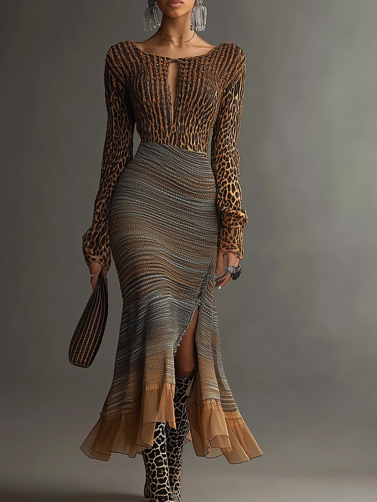 Leopard Print Dress With Ombre Skirt And Ruffled Hem