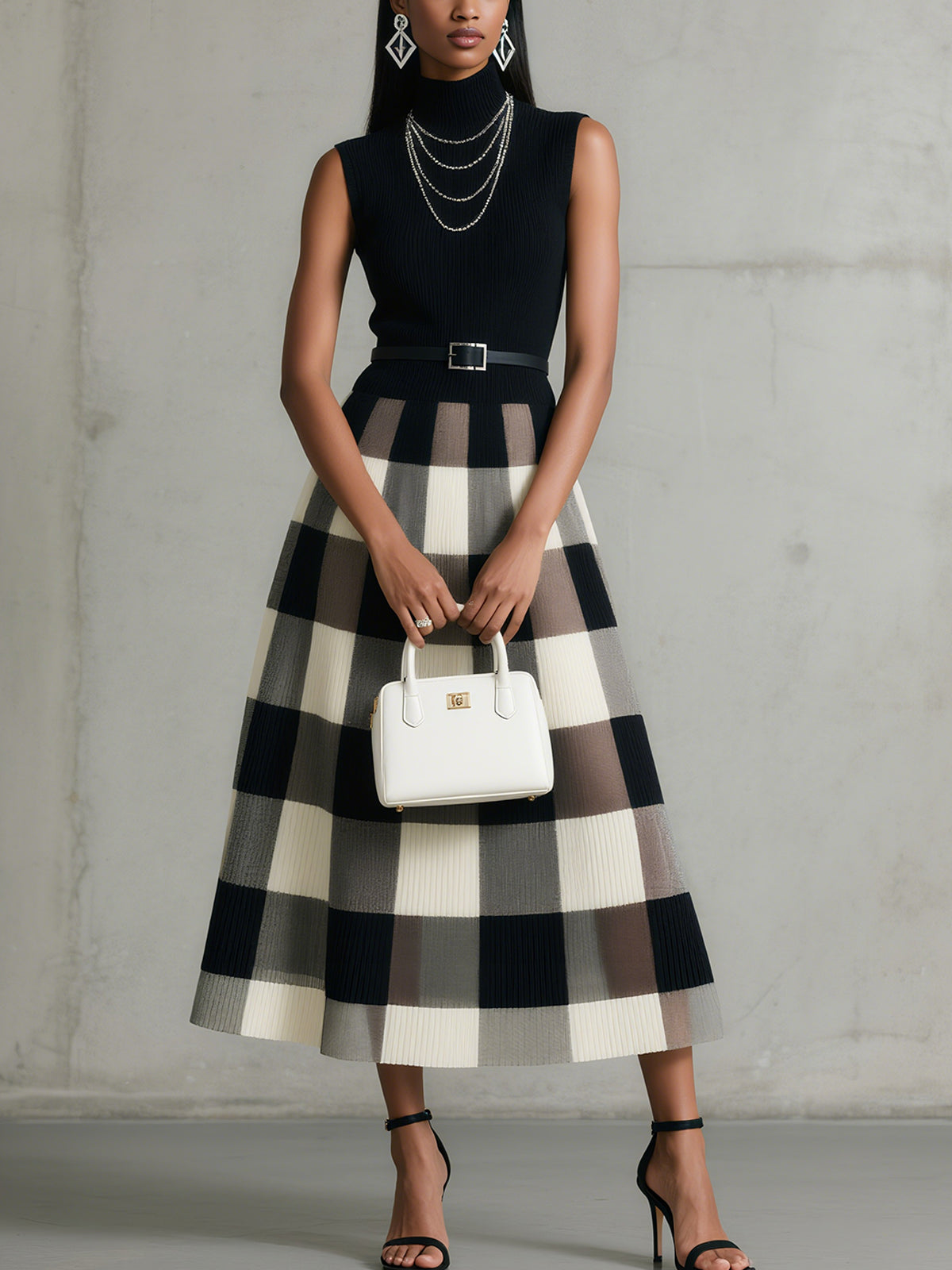 Sleeveless Black Knit Dress With Checkered