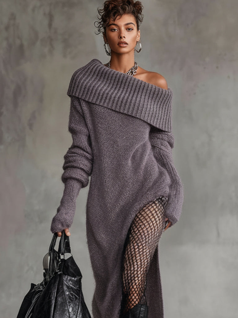 Purple Off Shoulder Slit Knit Long Sleeve Maxi Dress