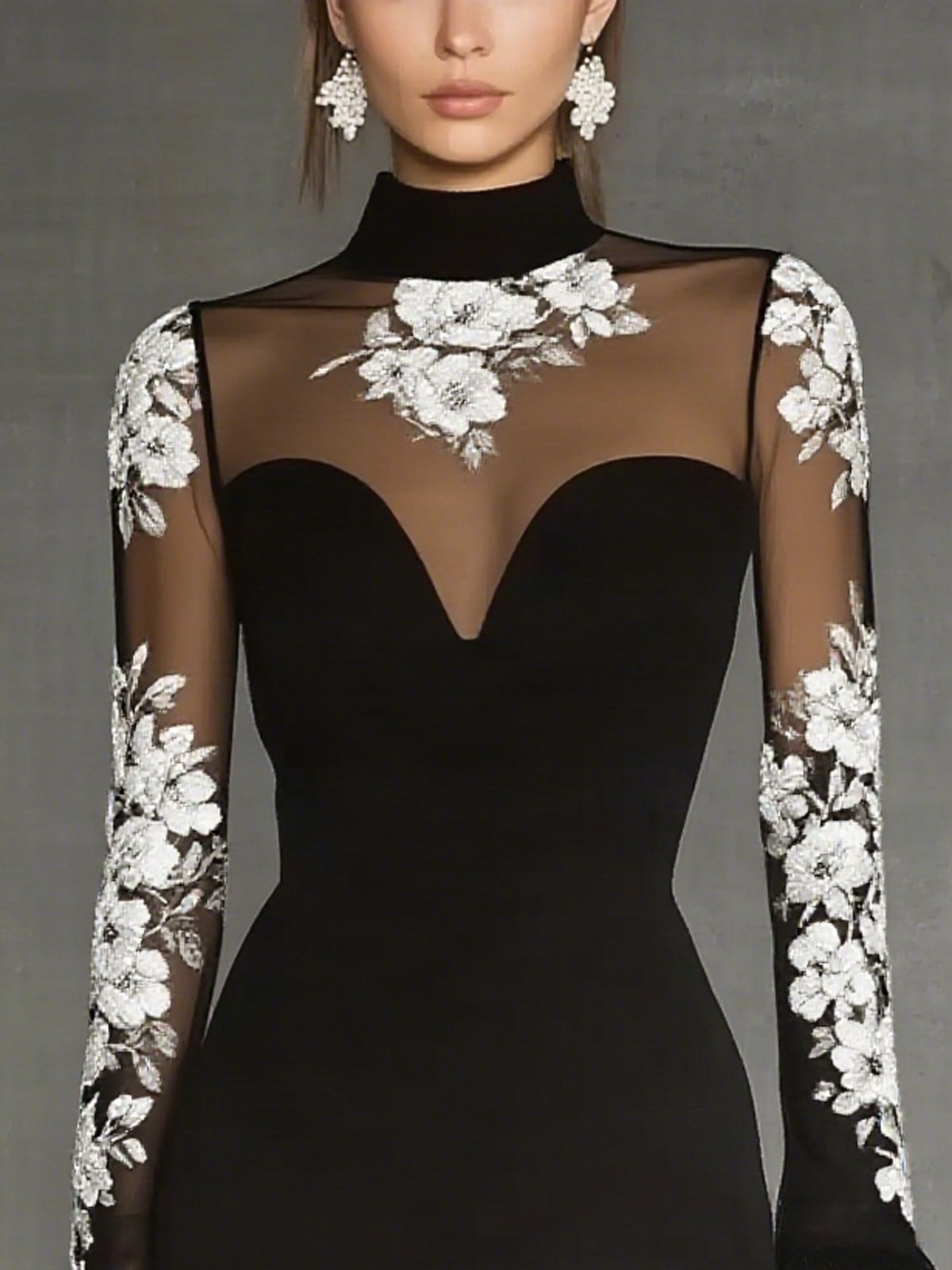 Black Mesh Floral Embroidered Sheer Illusion High Neck Long Sleeve Midi Dress
