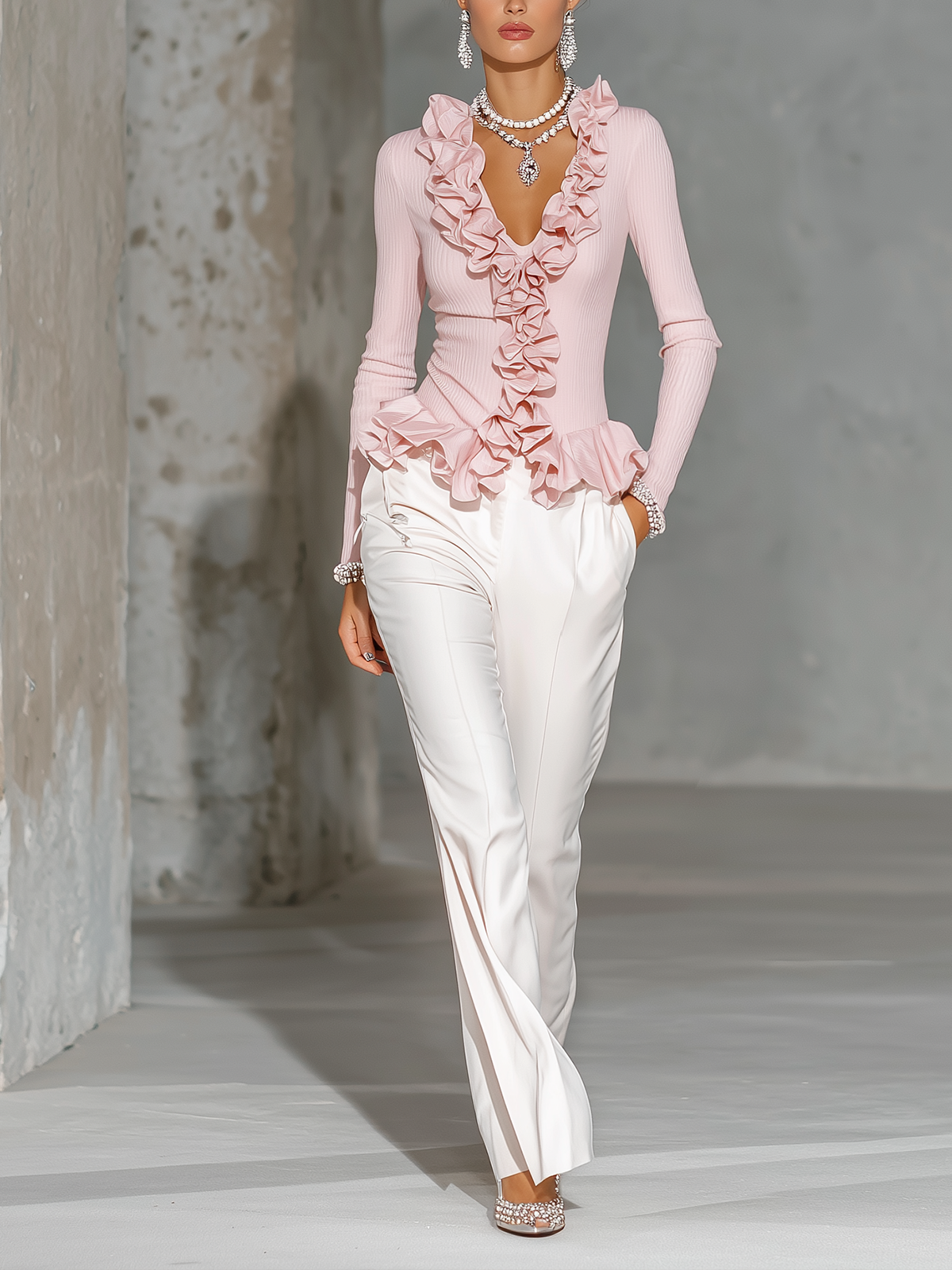 Blush Ruffled Rib-Knit V-Neck Long Sleeve Top