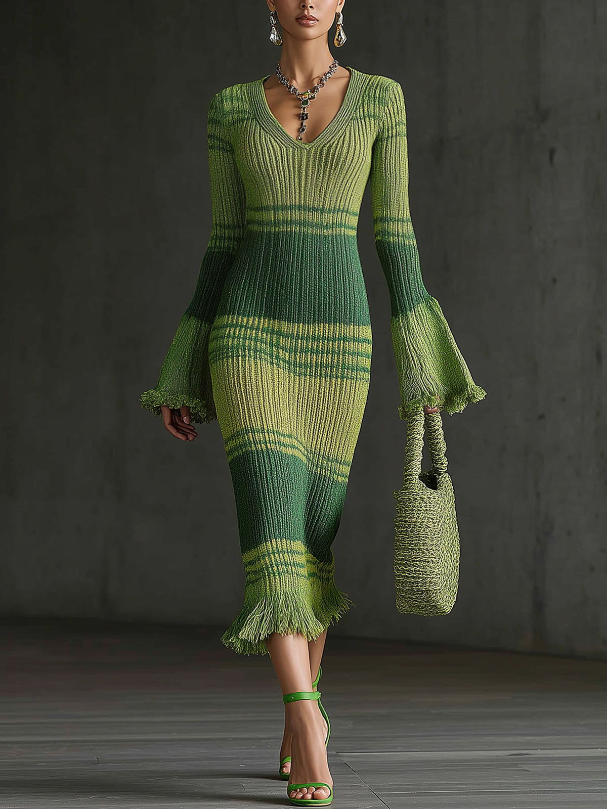 Green Ombre Knit Flared Sleeve Midi Dress