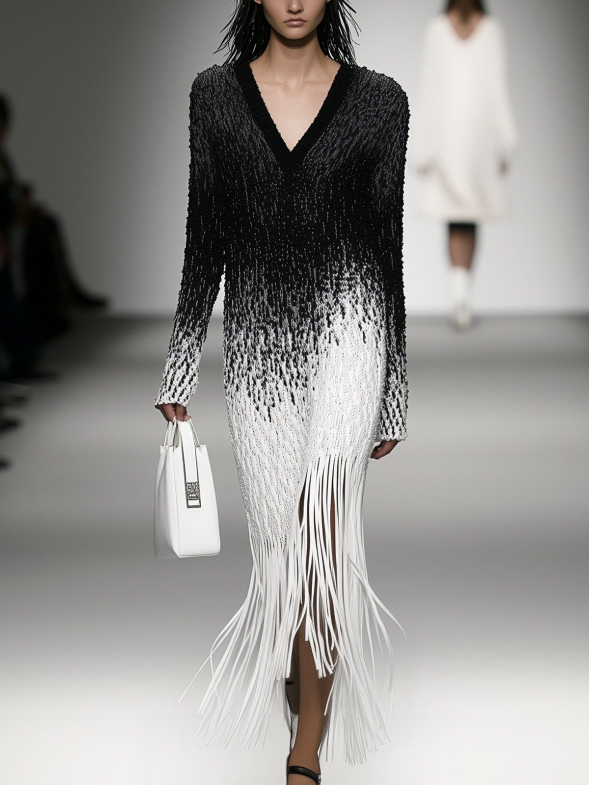 Black And White Gradient Fringe Knit Dress