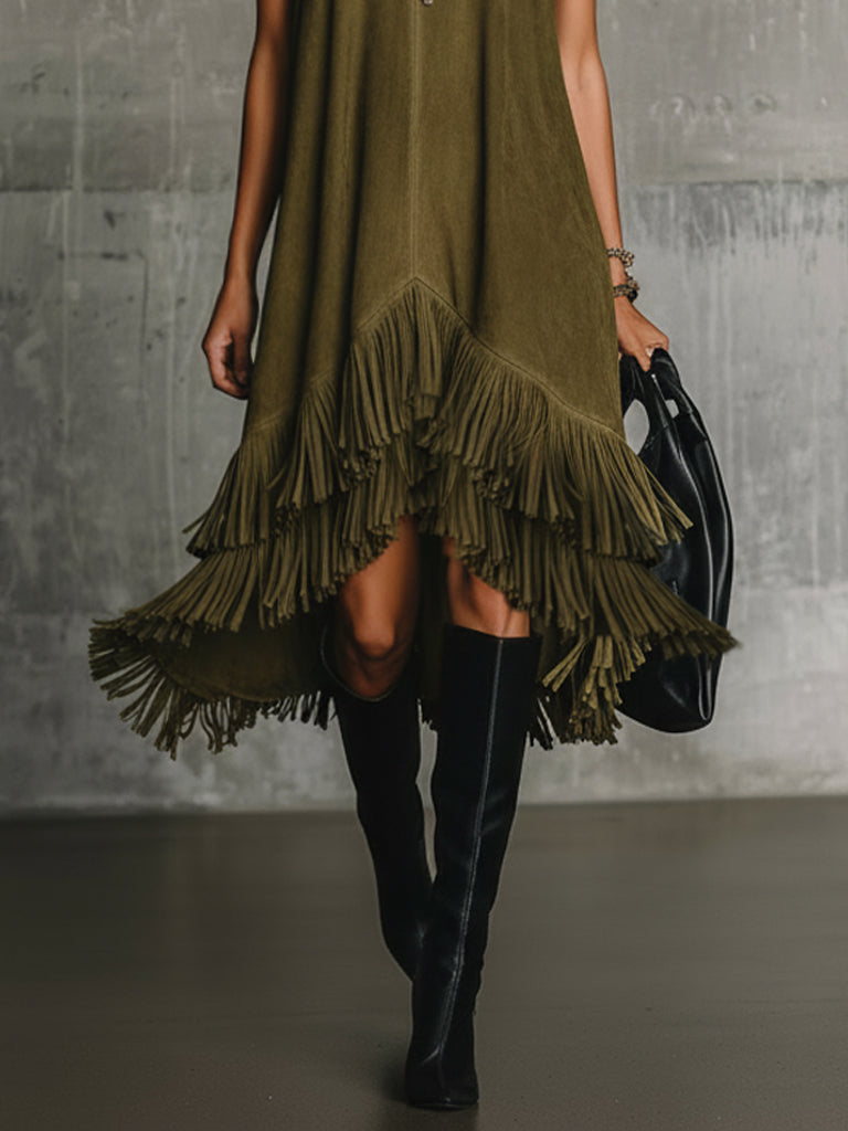 Olive Green Faux Suede Sleeveless Fringe Midi Dress