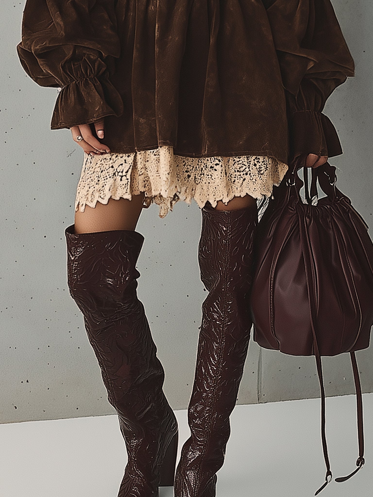 Chocolate Vintage Suede Effect Lace Hem Mini Dress