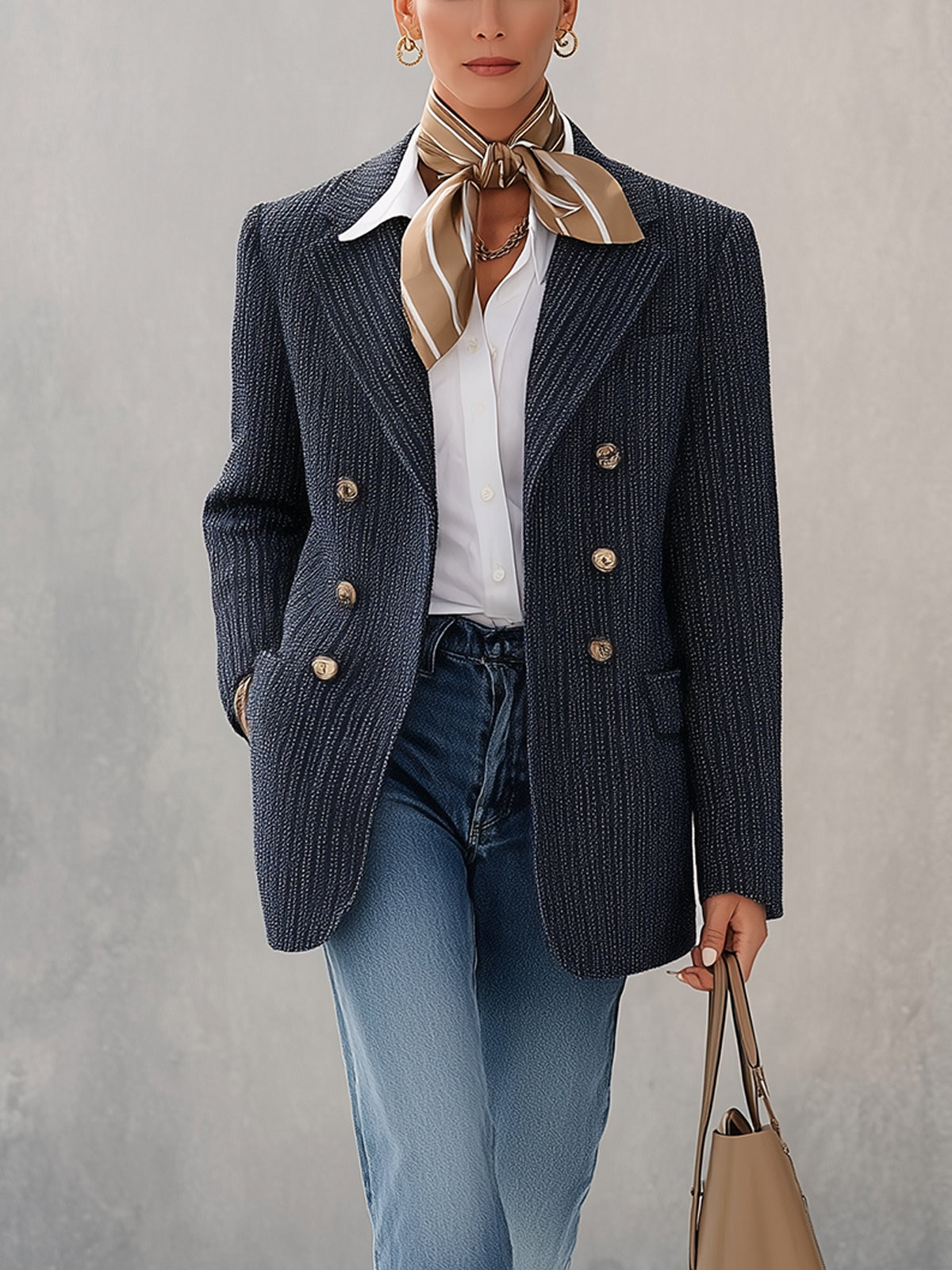Navy Textured Knit Blazer With Double Breasted Finish