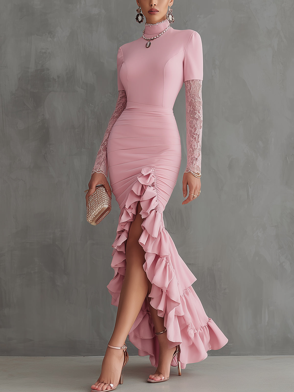 Blush Ruched High-Low Ruffle Lace Bodycon Dress
