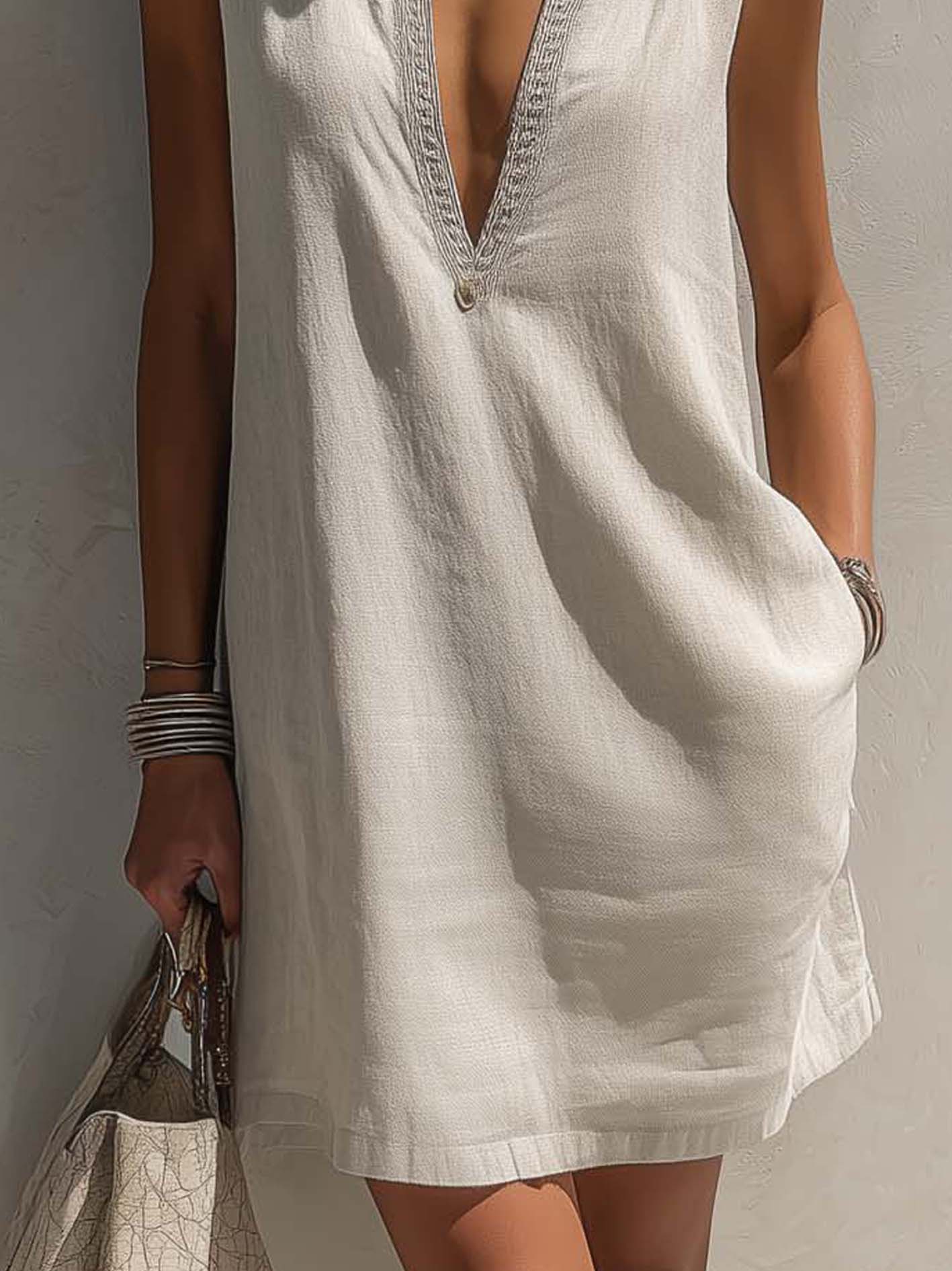 Light Gray Cotton-Linen Mini Dress With Embroidered Organza Collar