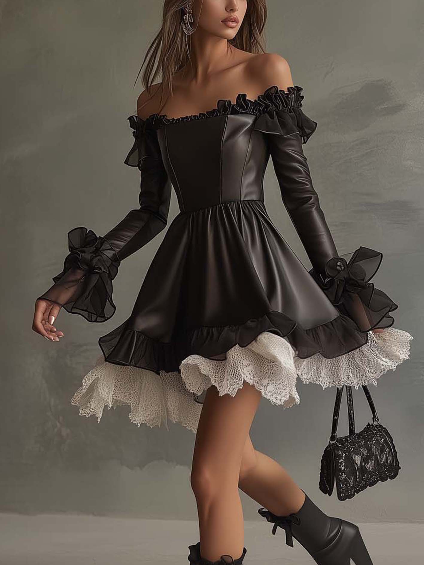 Off Shoulder Black Faux Leather Mini Dress With Mesh And Lace