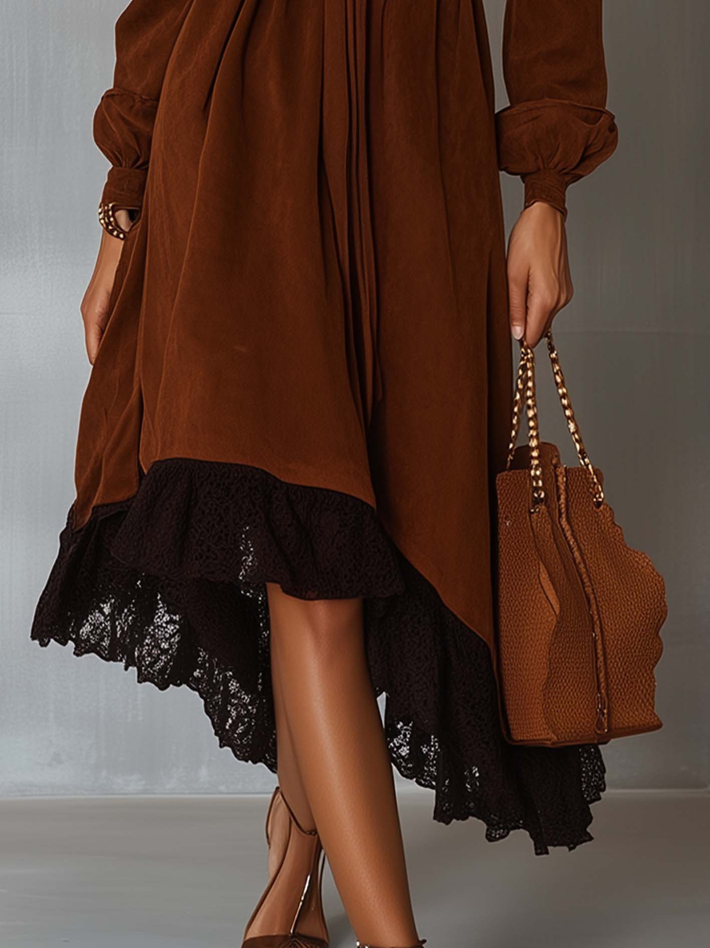 Brown Faux Suede Midi Dress With Irregular Hem And Lace Stitching