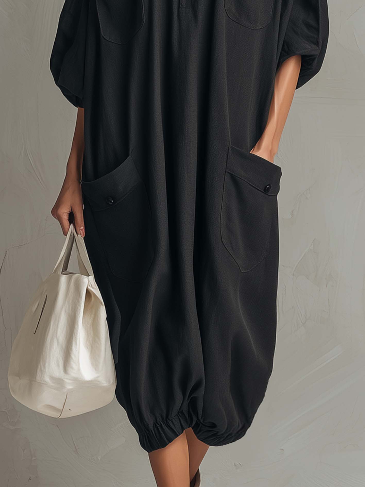 Black Cotton Linen Maxi Shirt Dress With Pockets