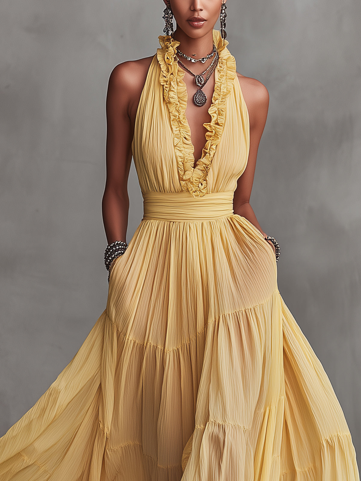 Yellow Ruffle Plunge Pleated Maxi Dress