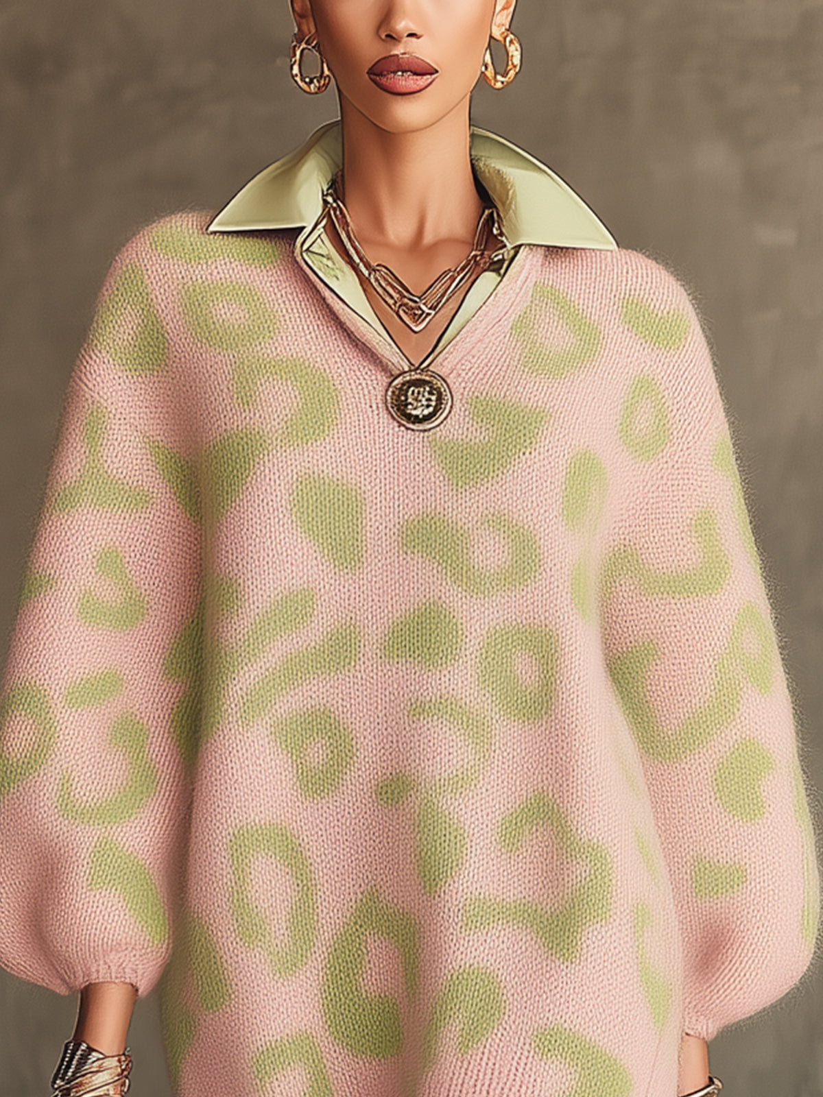 Pink And Green Leopard Print Oversized Knit Sweater Dress
