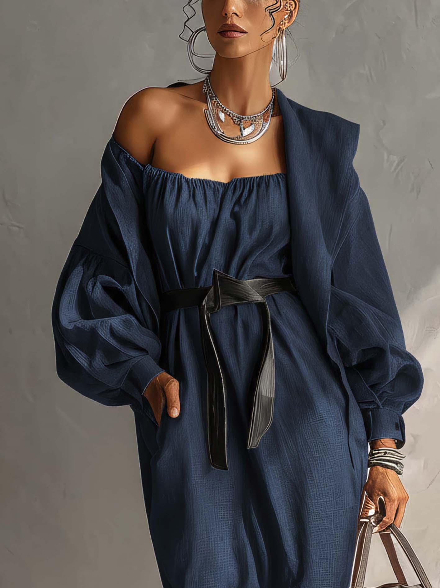 Deep Navy Cotton Linen Maxi Dress With Asymmetric Neckline