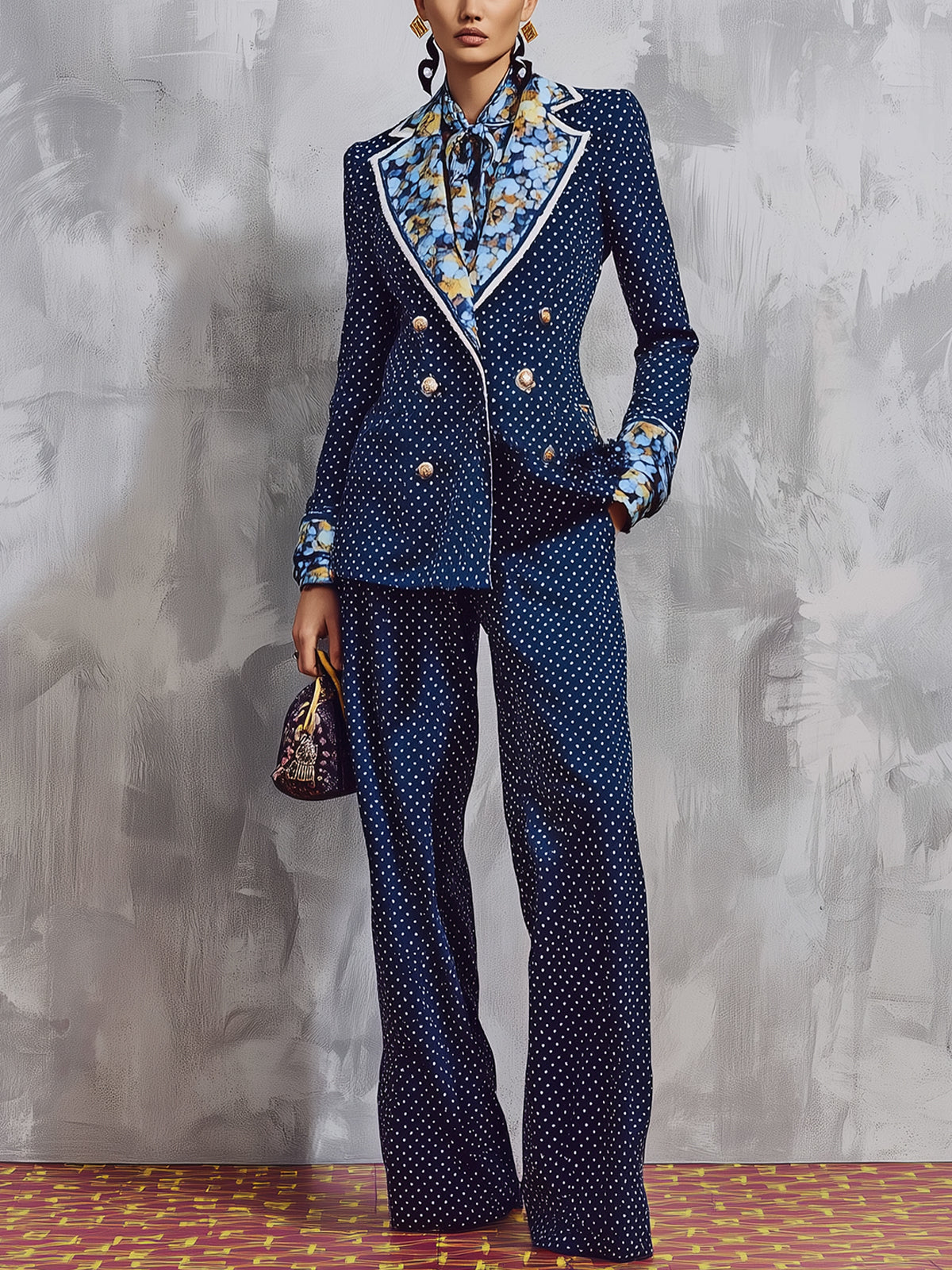 Navy Polka Dot Floral Contrast Double Breasted Suit With Gold Buttons